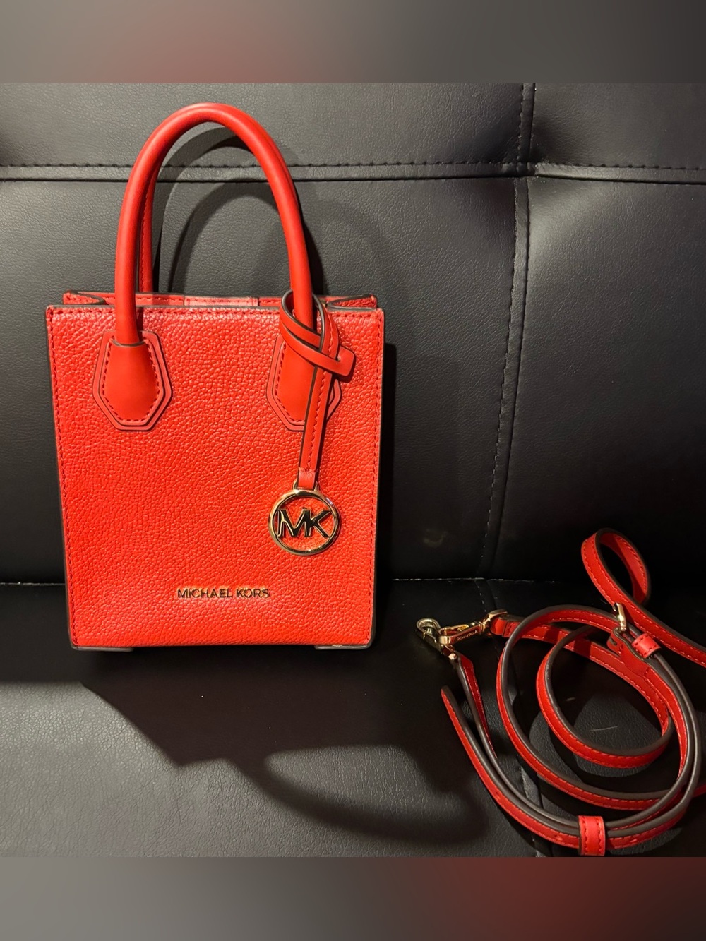 Michael Kors Red Pebbled Leather Mini Bag with Gold MK Charm